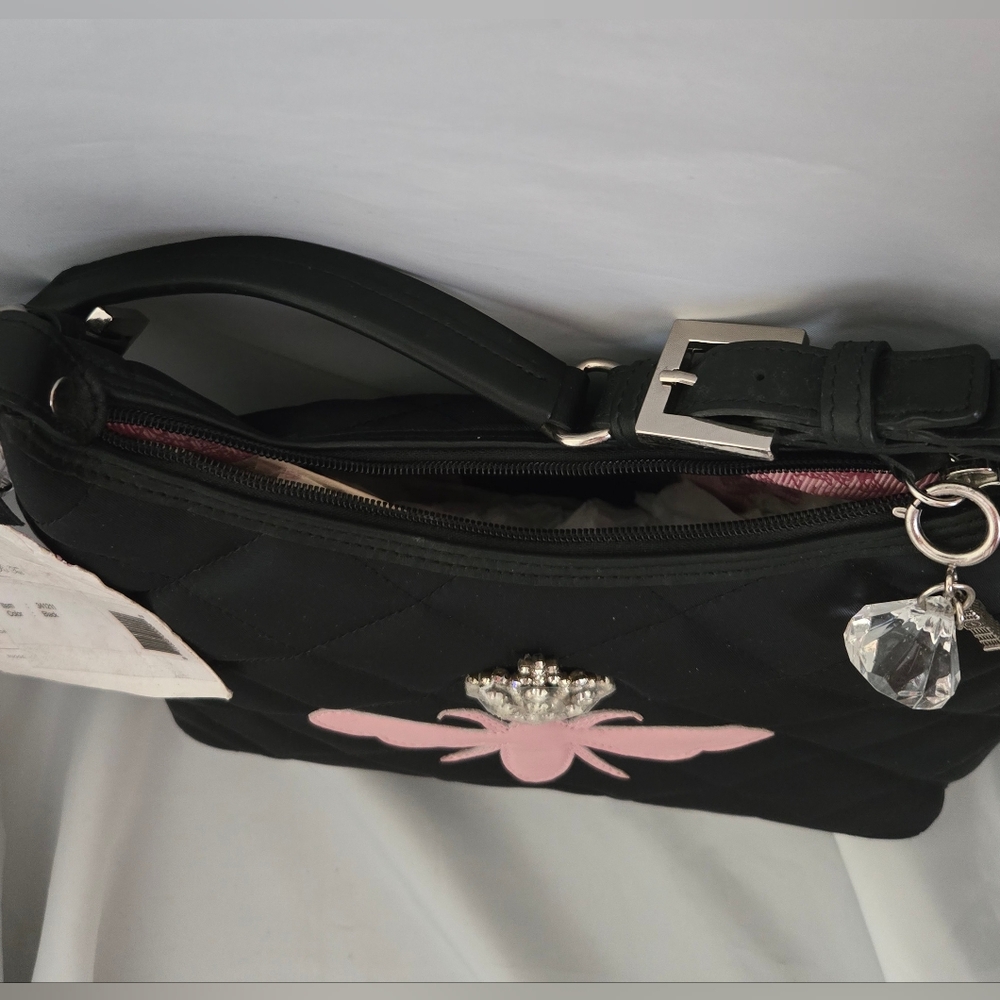 My Flat In London Quilted Black Handbag Pink Queen Bee Rhinestone Crown Purse - Picture 4 of 8